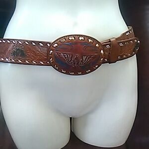 MADE iN CANADA Leather Belt with Eagle Design Hand Tooled Vintage